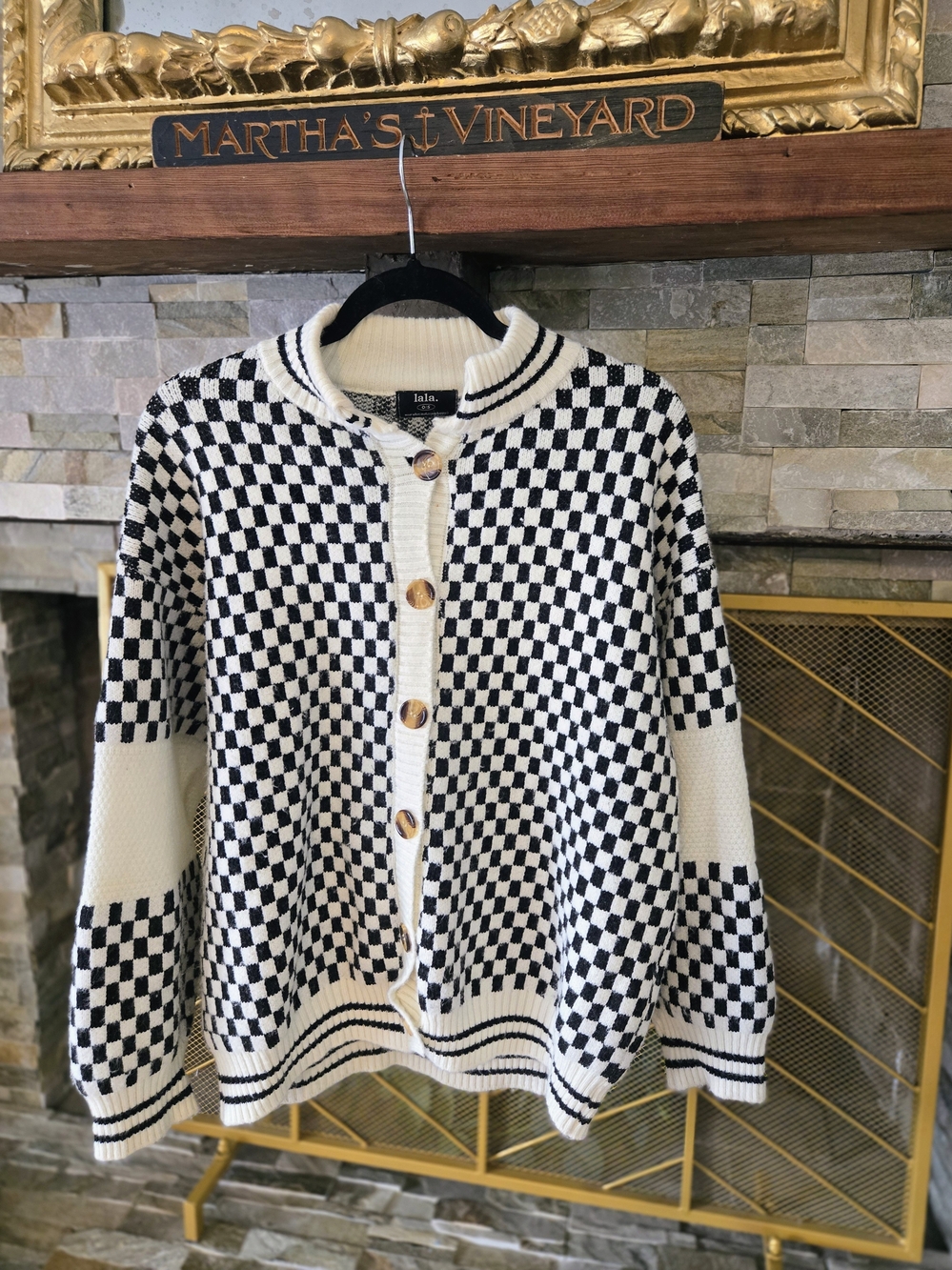 Lala Two-Tone Black & Cream Checker Knit Cardigan, NWOT